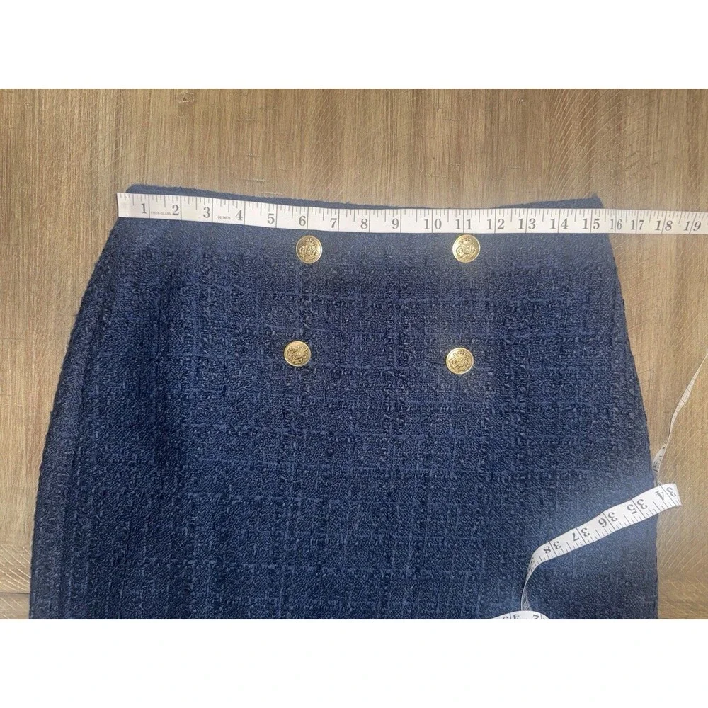 Loft Ann Taylor Navy Blue Tweed Gold Buttons Mini Pencil Skirt Lined Size 6